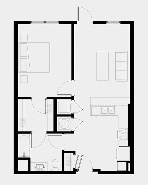 Floor plan for 1 bed, 1 bath, 755 sqft